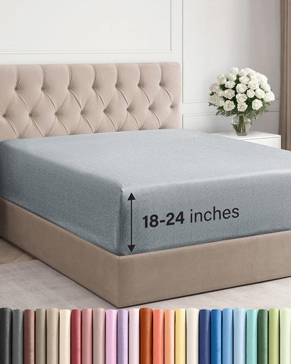 Extra Deep Cal King Fitted Sheet - Hotel Luxury Single Fitted Sheet Only - Easily Fits 18 to 24 inch Mattress - Soft, Wrinkle & Fade Free with Extra Deep Pockets - Breathable & Comfy - Heathered Blue
