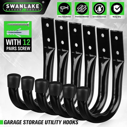 Heavy Duty Garage Storage Hooks - 6-Piece Bike Wall Mount J Hook Set for Organizing Tools & Cords