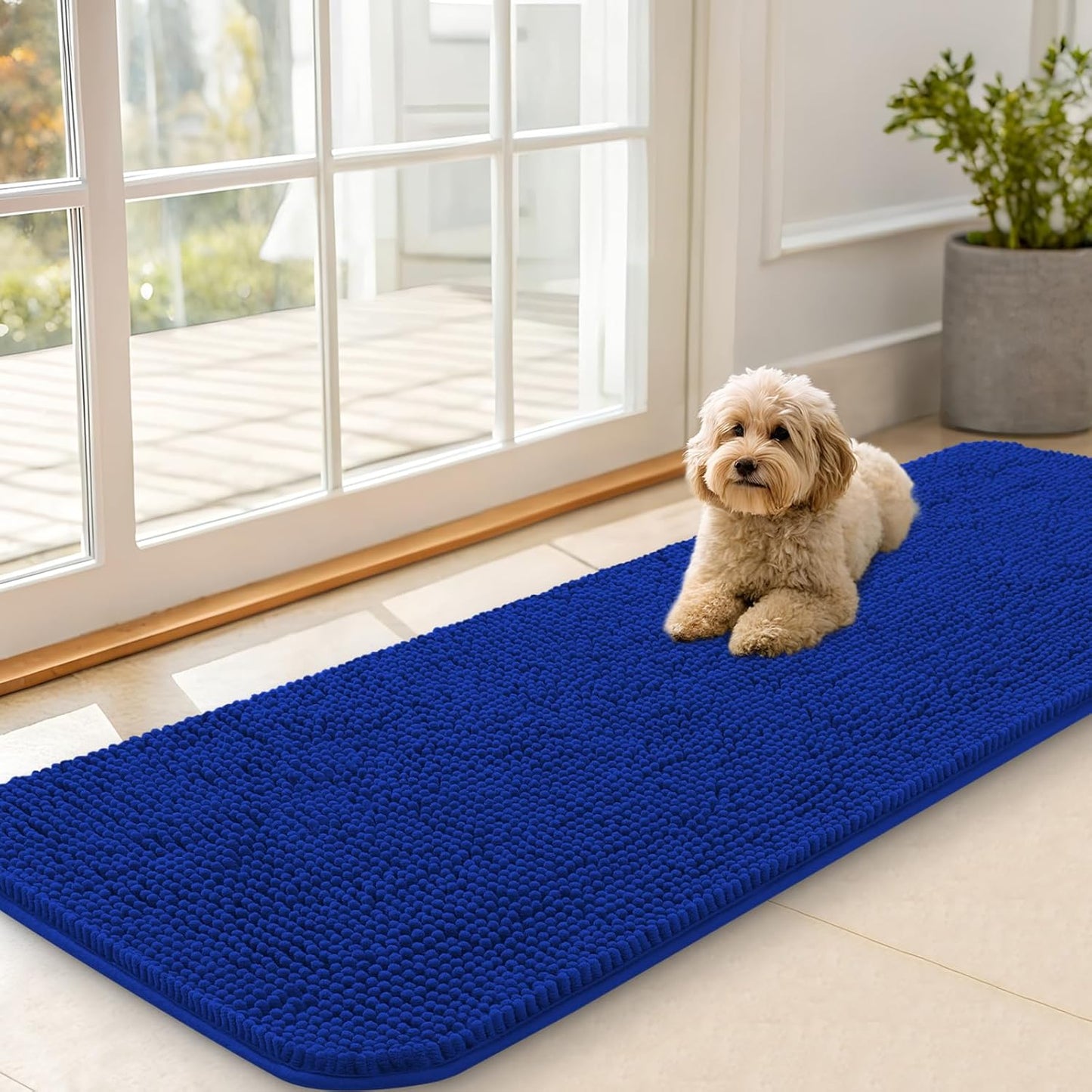 OLANLY Dog Door Mat - Absorbent Non-Slip Chenille Mat for Muddy Paws | 59x20 Royal Blue Indoor Carpet
