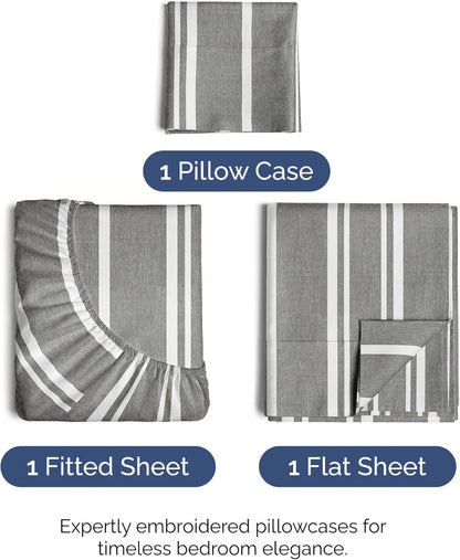 Skiennix Twin XL Sheet Set - Comfy Breathable Cooling Bedding - Hotel Luxury Grey Stripes - Deep Pockets, Wrinkle-Free
