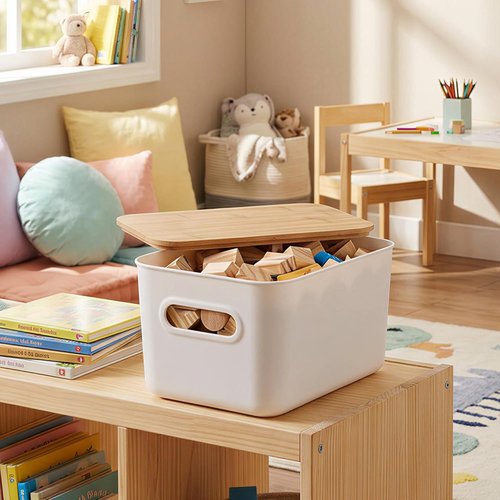 Citylife Storage Bins - Stackable 7QT Plastic Organizer Boxes with Bamboo Lids | 4 Pack, 10" L x 7" W x 5.8" H