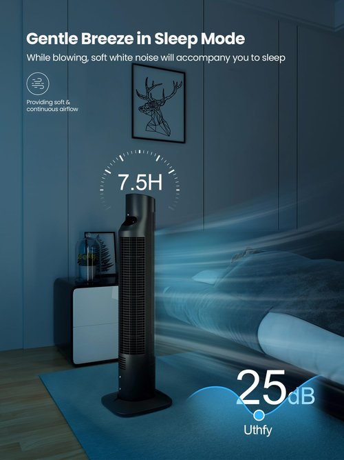 Uthfy 31”Tower Fan for Bedroom, 120° Oscillating Electric Bladeless Fan with Remote, 3 Speeds, 3 Modes, 7.5H Timer, 26ft/s Velocity Quiet Standing Fan for Home, Office, Living Room, Black