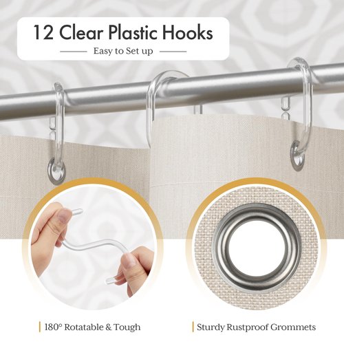 AmazerBath Boho Shower Curtain, Modern Farmhouse Shower Curtain Set with Tassels, Rustic Faux Linen Green Striped Shower Curtain with Hooks, Light Tan Toned, 72x72 Inches