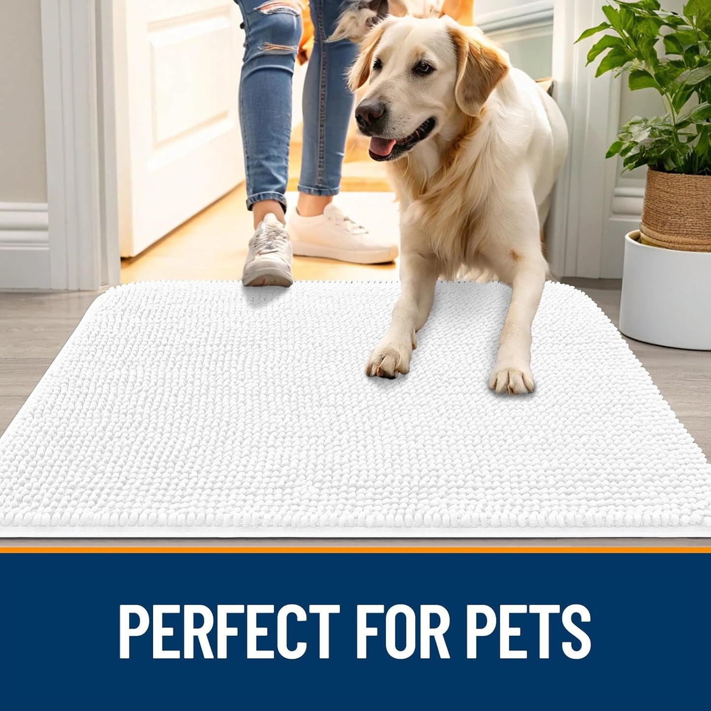 OLANLY Dog Door Mat - Absorbent Non-Slip Washable Doormat for Muddy Paws | 59x35 Inches, Quick Dry Chenille, White