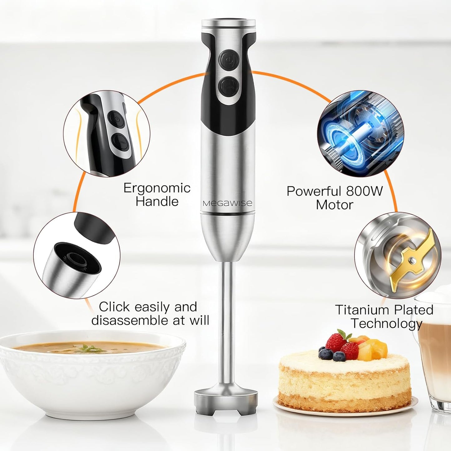 MegaWise 3-in-1 Immersion Hand Blender - Powerful 12-Speed with Titanium Reinforced Blades | Black