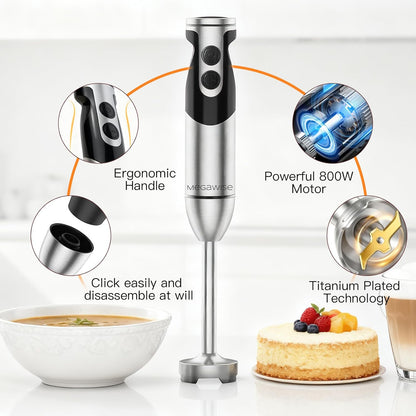 MegaWise 3-in-1 Immersion Hand Blender - Powerful 12-Speed with Titanium Reinforced Blades | Black