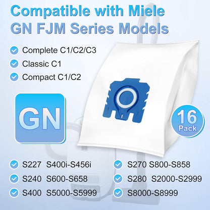 Miele 16-Pack 3D Airclean Dust Bags - Compatible with Classic C1, Complete C1-C3, S227, S240, S270, S280, S400, S2, S5, S8 Series