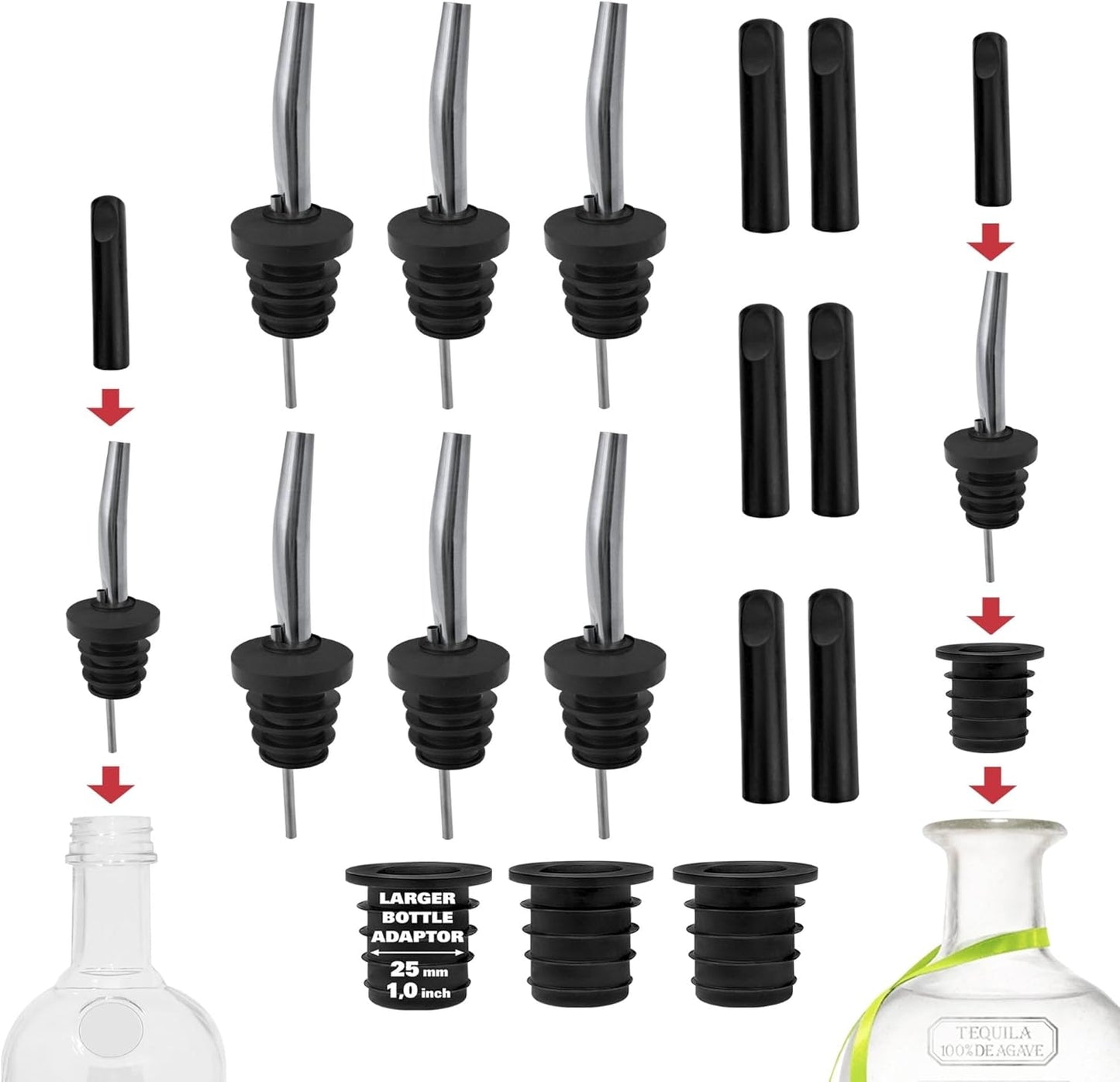 Stainless Steel Liquor Bar Bottle Pourers - Drip-Free Nozzle - Pour Spouts for Alcohol & Bartending - Universal Fit Speed Spout - Rust-Free & Easy Clean - Chrome (6 Pack)