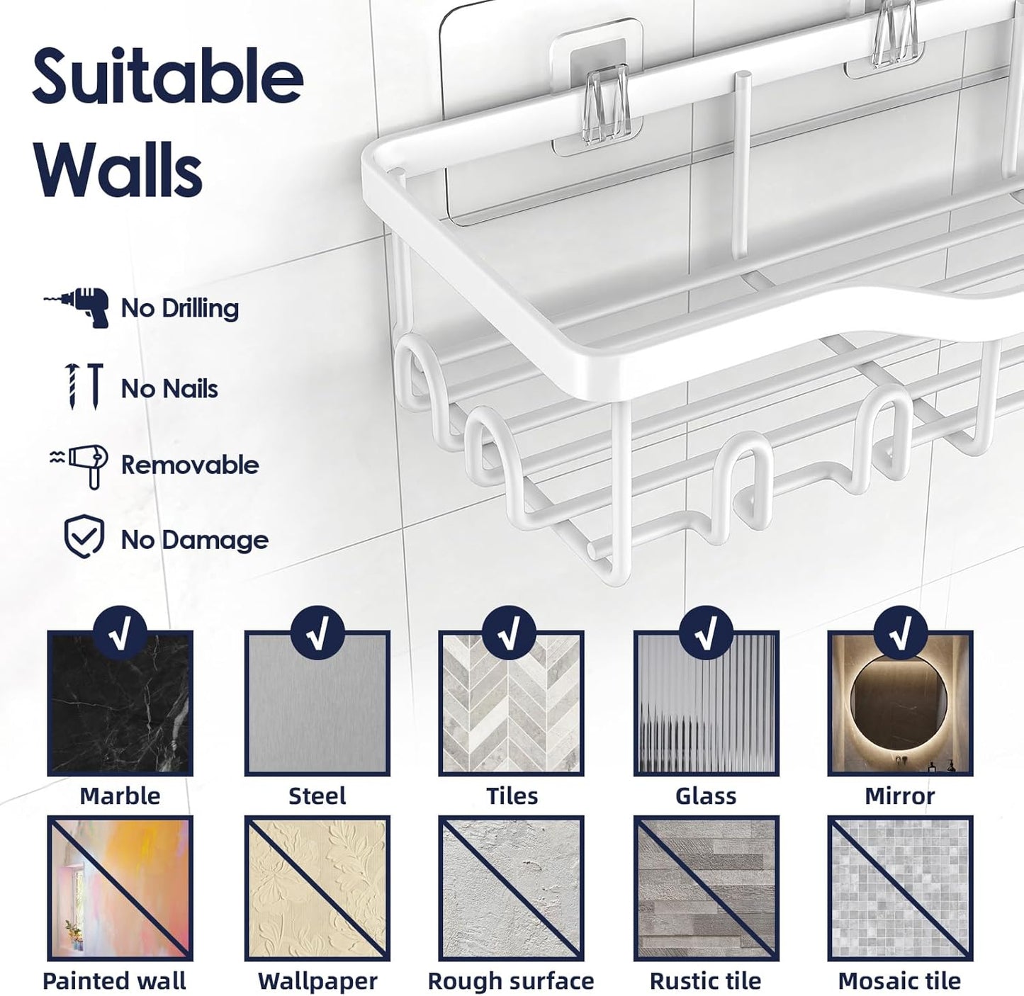 NESOMI Shower Caddy - Rustproof Stainless Steel Organizer with Large Capacity | 7-Pack No-Drill Rack