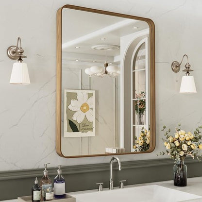 LOAAO Bathroom Mirror - 20x30 Inch Rounded Rectangle with Wood Grain Metal Frame | Anti-Rust, Versatile Hanging Options