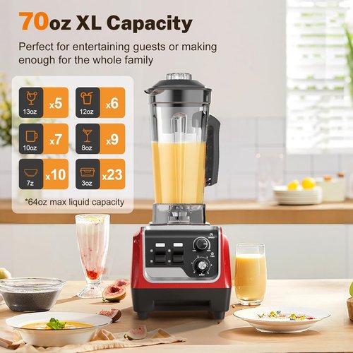1800W High-Speed Blender by [Brand Name] - Smoothies & Frozen Drinks | 70 Oz BPA-Free Pitcher & 20 Oz To-Go Cup - Dark Red