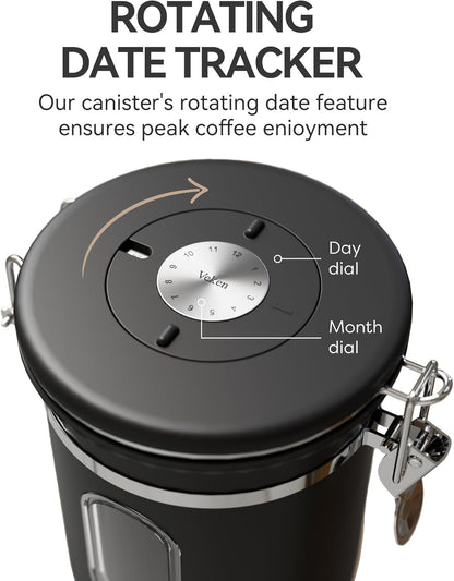 Veken Coffee Canister - Airtight Stainless Steel Storage Container with Window & Date Tracker | 16oz, Black