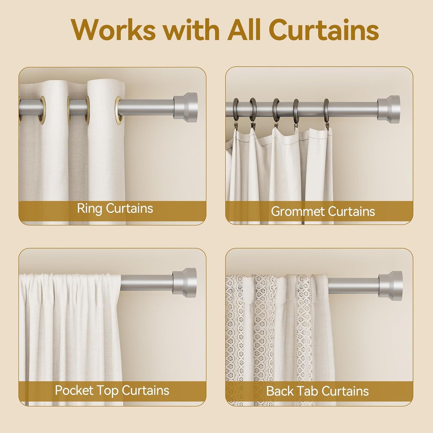YaFex Curtain Rods - Heavy Duty 1-Inch Adjustable Window Treatment Rods | 32-84 Inch, Silver Finish