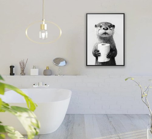 Framed Otter Wall Art - Black and White Funny Animal Decor for Bathroom | Farmhouse Toilet Decoration