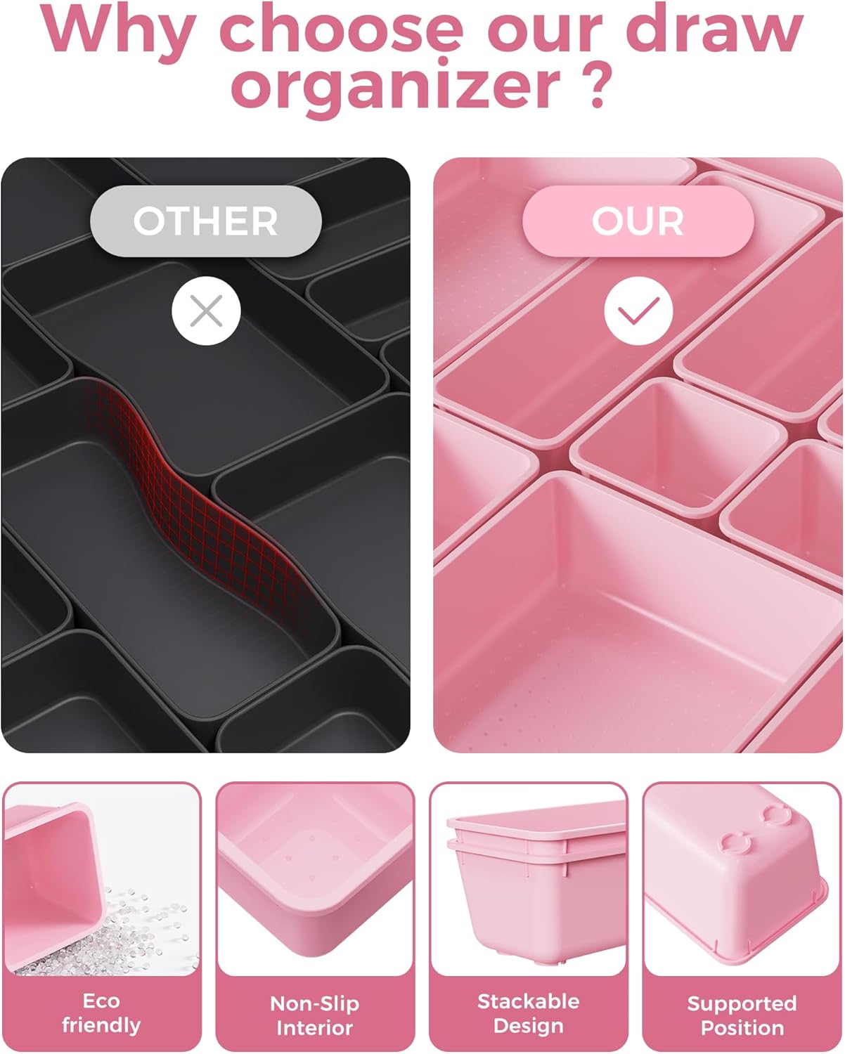 BiuLeon 25 PCS Plastic Drawer Organizers Set - Versatile Vanity & Makeup Storage | 4 Sizes in Pink