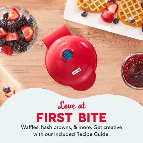 Dash Mini Waffle Maker - Creative Nonstick Waffle Iron with Unique Heart Design - Red Color