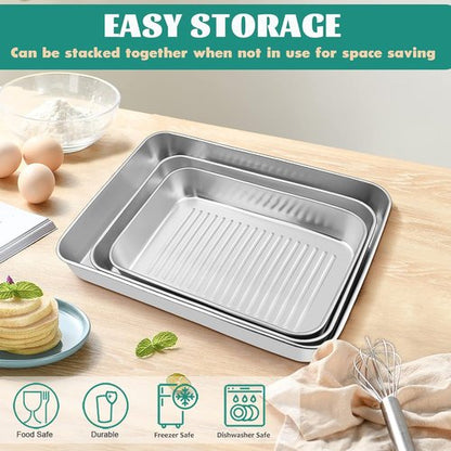 E-far Stainless Steel Baking Pans Set of 3 - Non-Toxic Rectangle Sheet Cake Trays | 12.5/10.5/9.4 Inch