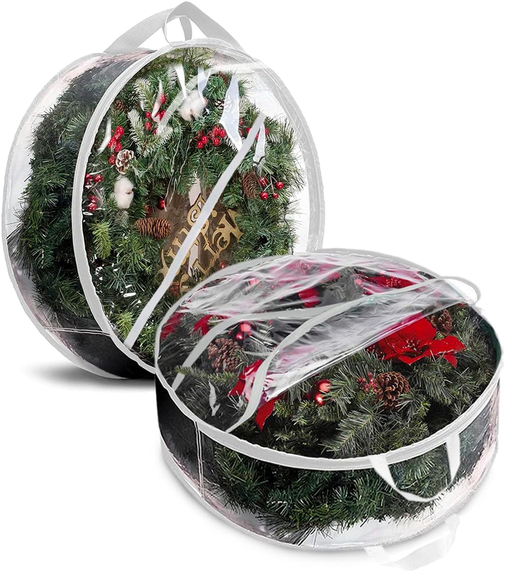 ProPik Christmas Wreath Storage Bag - 24" Clear Waterproof Container with Handles | 2-Pack