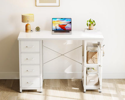 ODK 40 Inch Small White Computer Desk with 4 Fabric Drawers, Modern Office Desk for Home Office Gaming with Storage Shelves Study, White