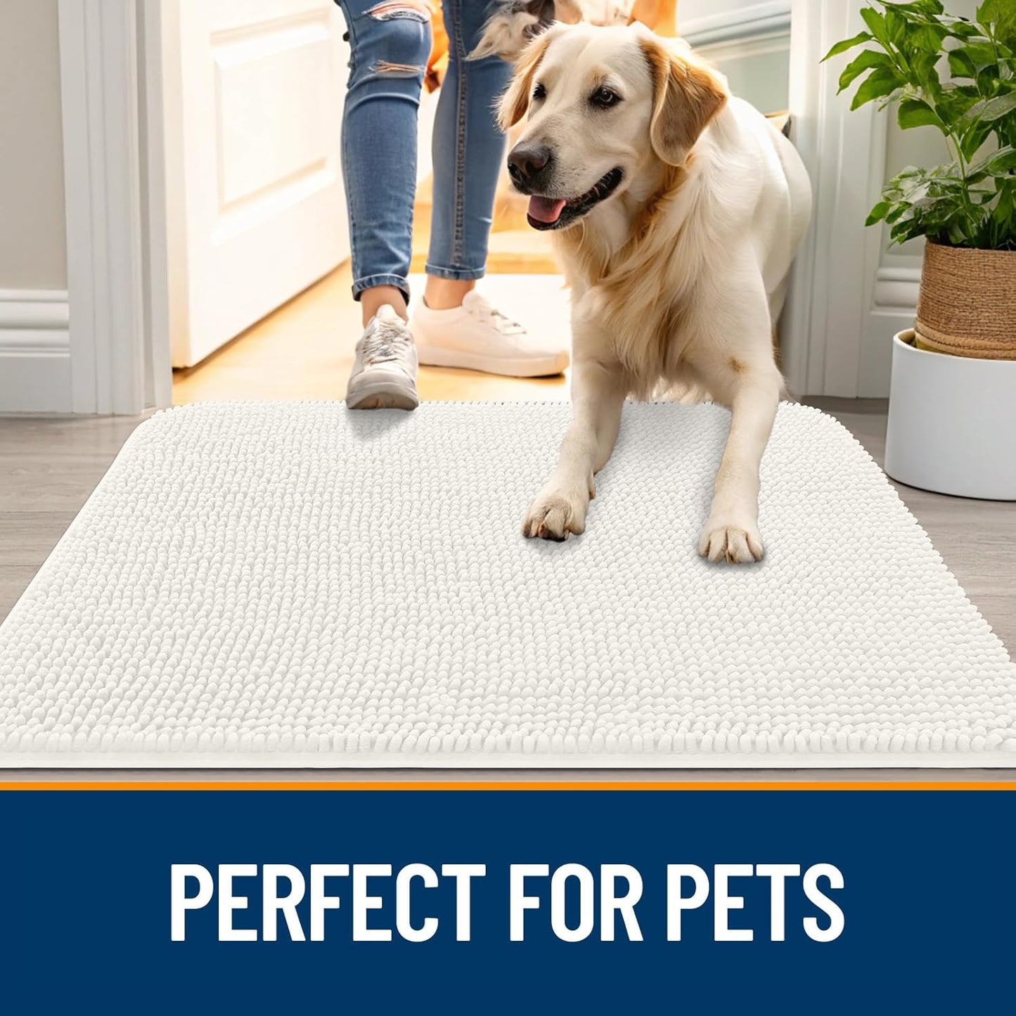 OLANLY Dog Door Mat - Absorbent Non-Slip Washable Doormat for Muddy Paws | 44x32 Ivory Chenille Carpet