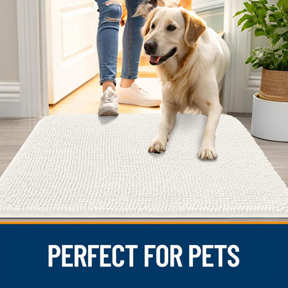 OLANLY Dog Door Mat - Absorbent Non-Slip Washable Doormat for Muddy Paws | 44x32 Ivory Chenille Carpet