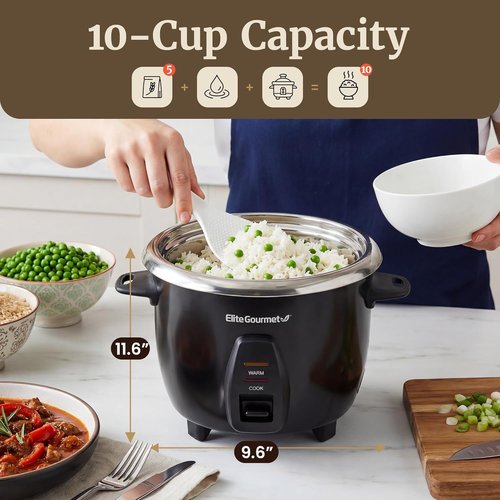 Elite Gourmet 10-Cup Electric Rice Cooker - 304 Stainless Steel Inner Pot for Soups & Stews