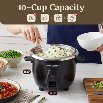 Elite Gourmet 10-Cup Electric Rice Cooker - 304 Stainless Steel Inner Pot for Soups & Stews