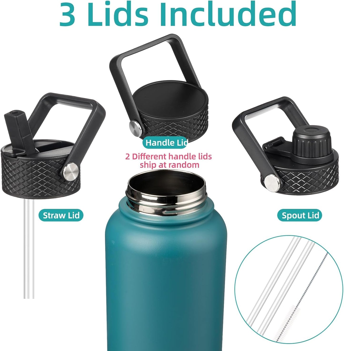 Skiennix 40oz Insulated Water Bottle - Durable Stainless Steel | Includes 3 Lids, Light Blue