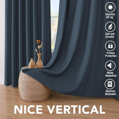H.VERSAILTEX Primitive Linen Blackout Curtains with Burlap Fabric and White Thermal Insulated Liner, Grommet Top Curtains for Living Room/Bedroom (2 Panels, 42 x 84 Inch, Navy)