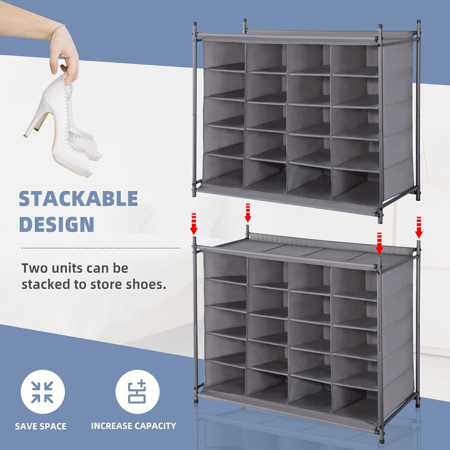 Storage Maniac Stackable Shoe Cubby Organizer - 20-Cube Free Standing Shoe Rack in Gray for Entryway & Bedroom
