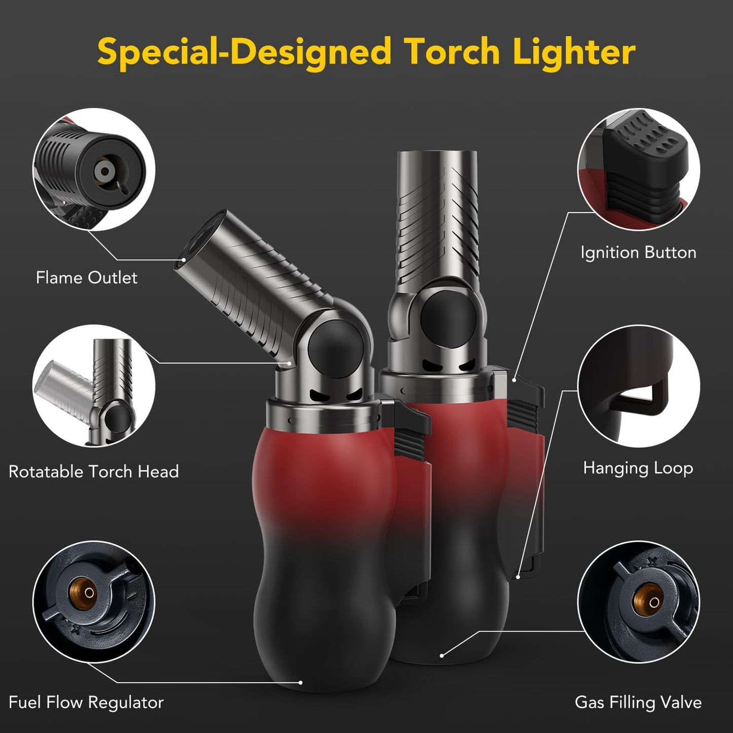TBTeek Torch Lighter - Portable Kitchen Torch with 45° Rotatable Head & Adjustable Flame | Red-Black