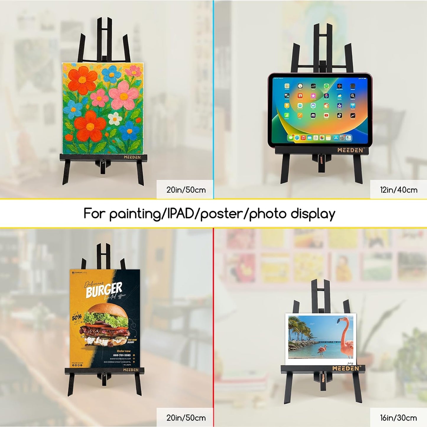 MEEDEN Mini Tabletop Easel Stand - 12" x 12" Pine Wood Display for Signs & Pictures | Black Mini Wooden Easel