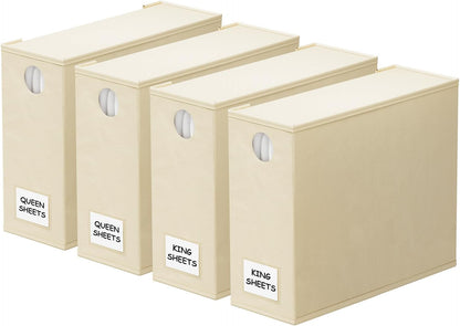 SpaceAid Bed Sheet Organizers - Foldable Linen Closet Storage for Queen & King Size - Beige 4 Pack