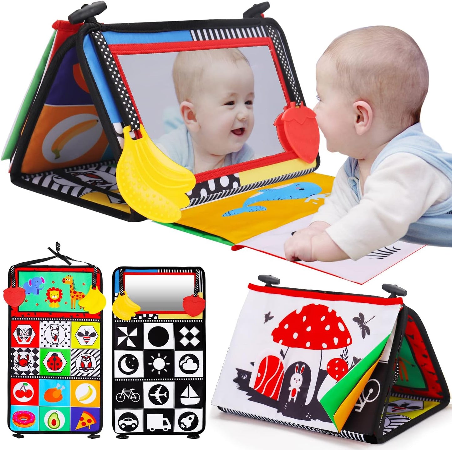 Skiennix Tummy Time Baby Mirror - High Contrast Infant Toy for Brain Development | Includes Crinkle Cloth Book & Teether