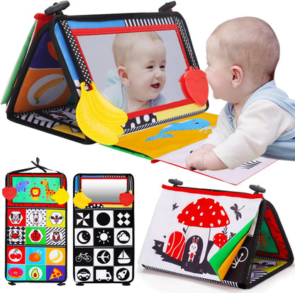 Skiennix Tummy Time Baby Mirror - High Contrast Infant Toy for Brain Development | Includes Crinkle Cloth Book & Teether