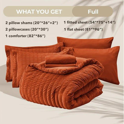 HYMOKEGE Comforter Set - Luxury 7-Piece All-Season Bedding in Burnt Orange | Full Size Seersucker Design