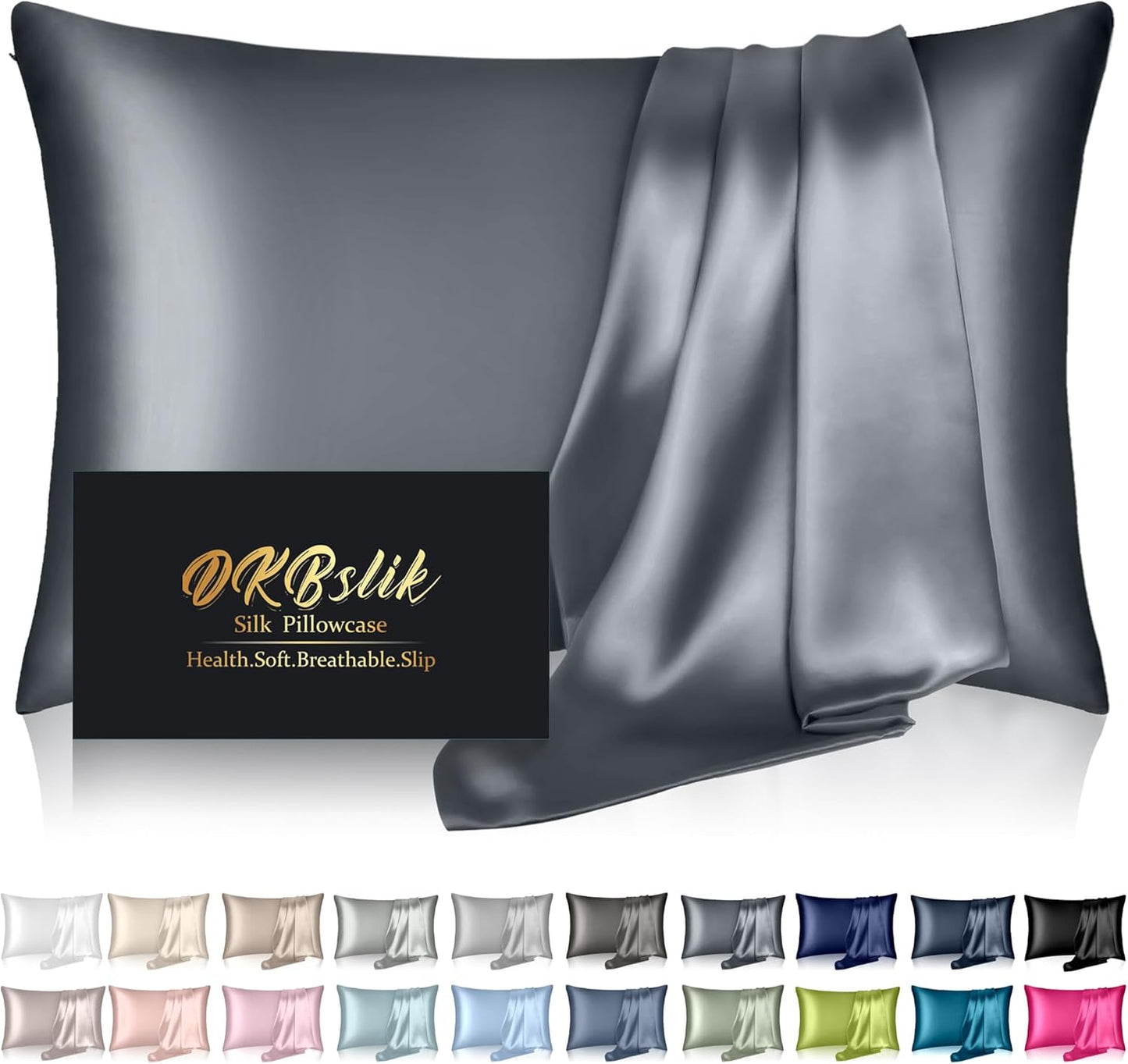 Mulberry Silk Pillowcase - Queen Size, Natural Silk for Hair & Skin, Zipper Closure, Space Grey
