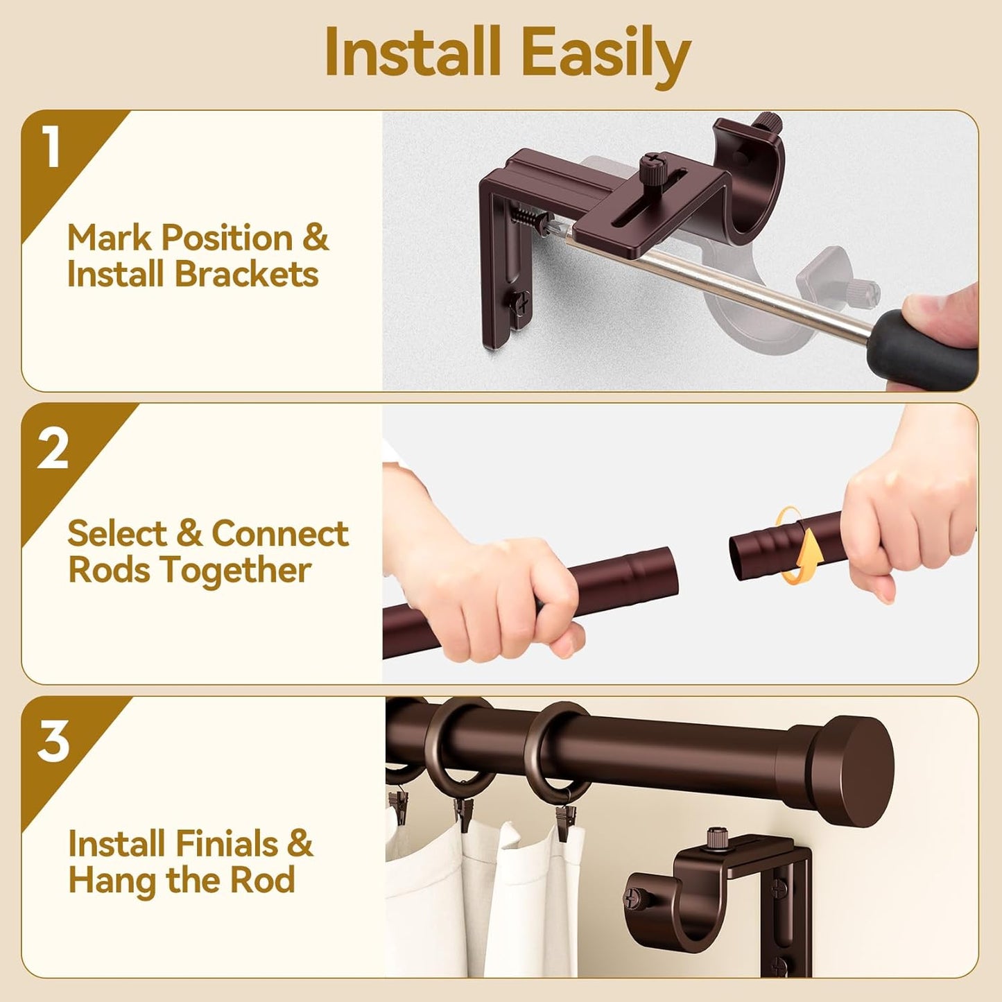 YaFex Curtain Rods - Heavy Duty 1 Inch Adjustable Window Treatment Rods | 32-58 Inch, Bronze Finish