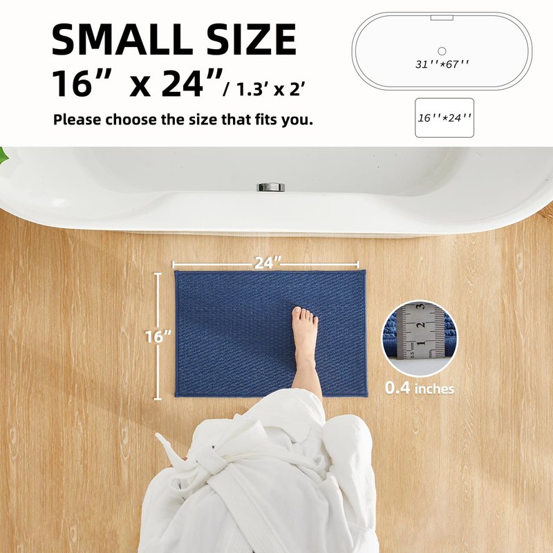 TYUU Bathroom Rugs Non Slip Washable, Super Absorbent Thin Bath Mat Small Quick Dry Low Pile Bathroom Rug, Navy Blue 16"x24"