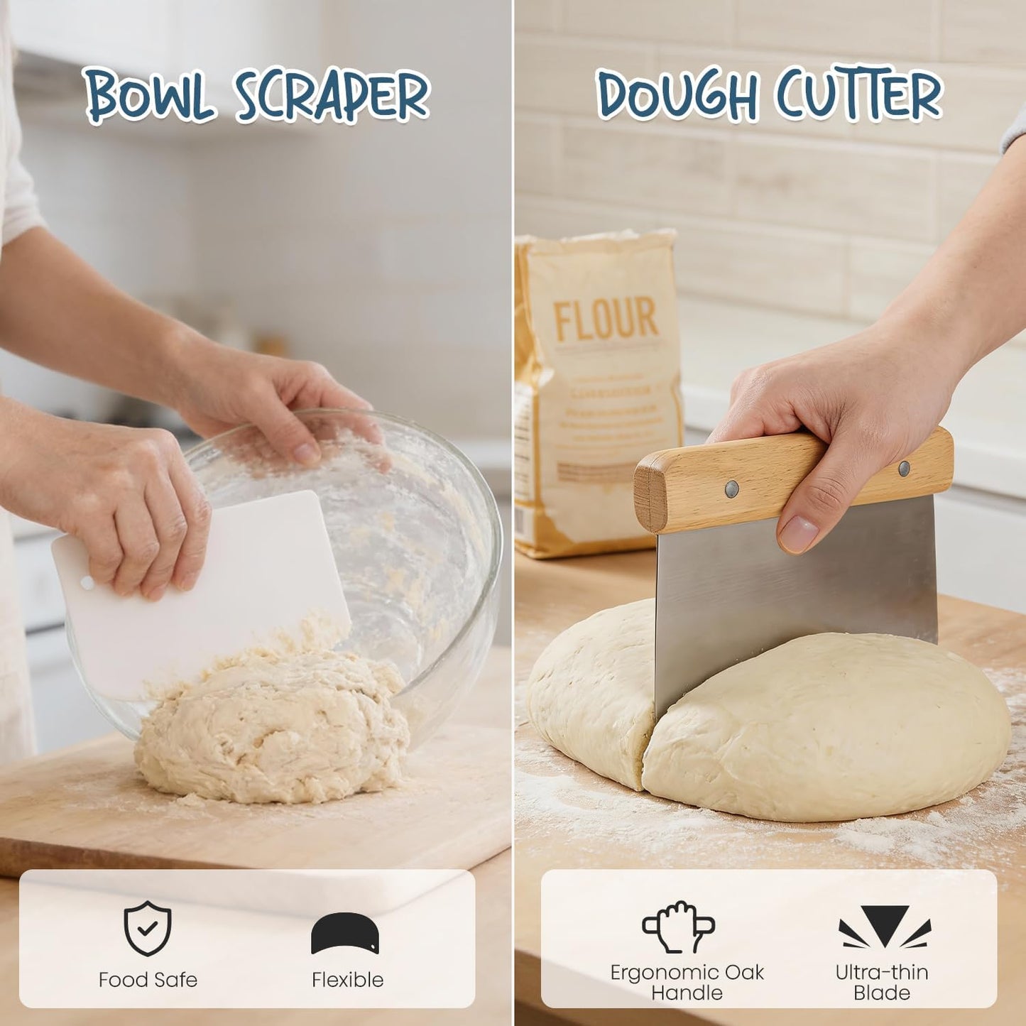 RORECAY Sourdough Bread Proofing Basket Set - 9" Round & 10" Oval Cane Baskets with Dough Tools