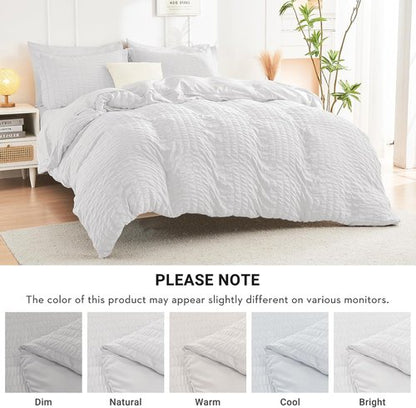 HYMOKEGE White Queen Comforter Set - 7-Piece All-Season Luxury Bedding Set with Sheets & Pillowcases