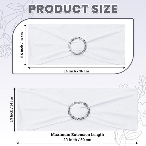 MDS Spandex Chair Sashes - Pack of 200 Universal Stretch Bands with Buckle Slider for Wedding Decor - White