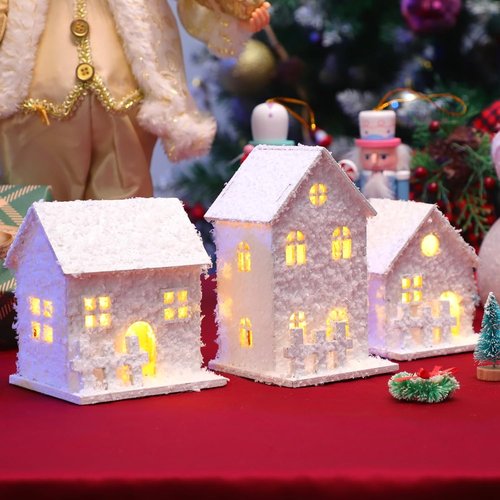Cabilock Christmas Village Houses Set - 3PCS White Wood Snowflake Ornaments with LED Lights | DIY Winter Decor
