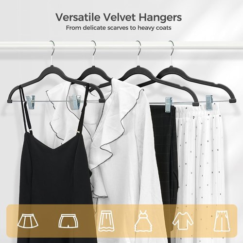 HOUSE DAY Velvet Hangers - Adjustable Clips & 360° Hook | Heavy-Duty Non-Slip Suit Organizer (20 Pack, Black)