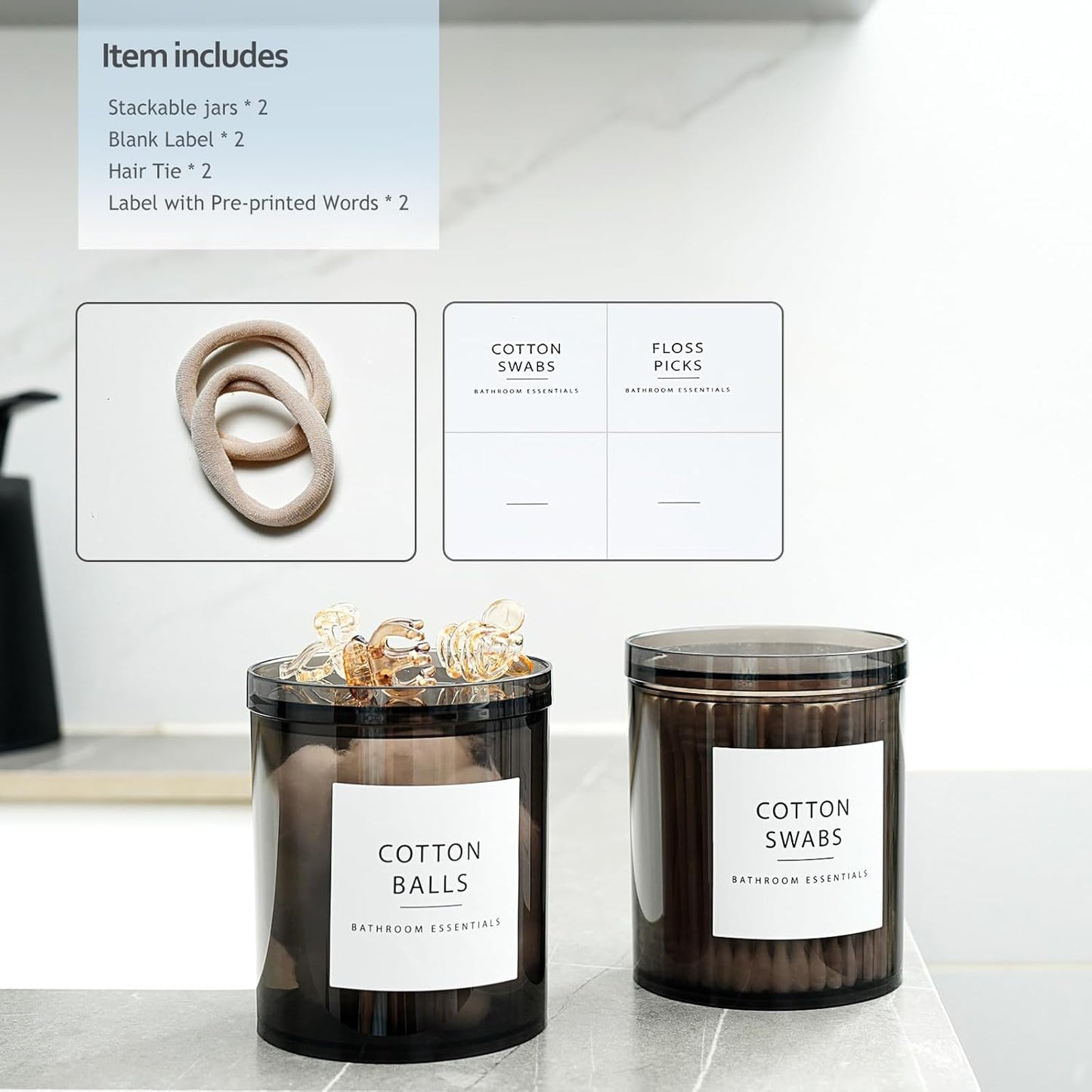 SheeChung Qtip Holder Set - 12 oz Apothecary Jars with Lids | Stylish Bathroom Organizer in Translucent Black