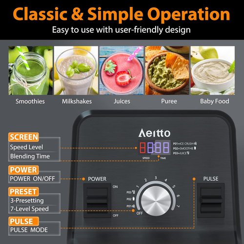 Aeitto Blender - Professional 1500-Watt Kitchen Blender | 68 Oz Capacity for Ice Crushing & Frozen Drinks - Black