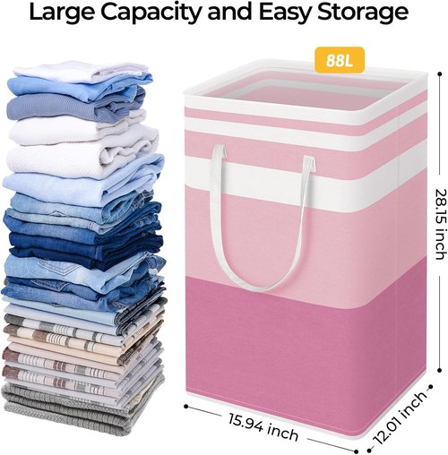 HomeHacks Large Waterproof Laundry Baskets - Collapsible Hampers with Reinforced Handles | Blue & Pink, 88L Each