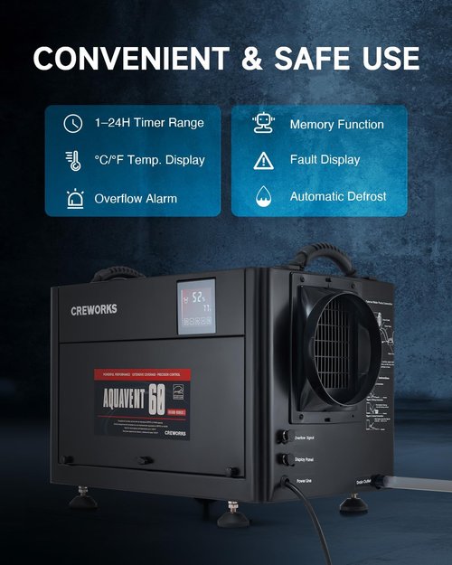 CREWORKS 130 PPD Crawl Space Dehumidifier - Commercial Basement Unit with Auto Defrost & Drain Hose