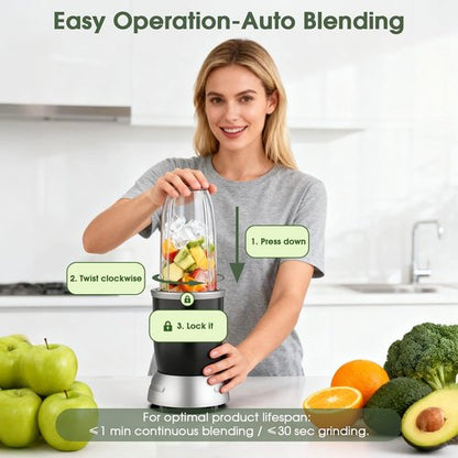 **Skiennix Smoothie Blender - 25000 RPM Portable Kitchen Blender with 37oz, 32oz, 23oz Cups & Lids**