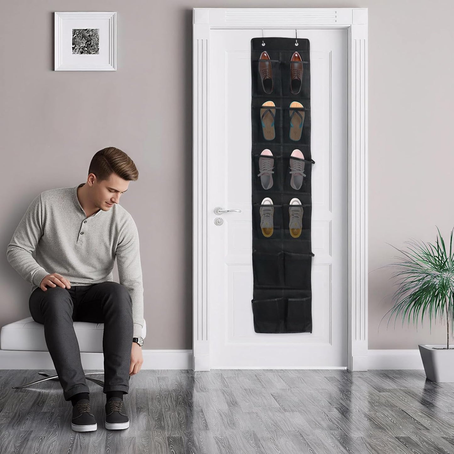 Over The Door Shoe Organizer - 12 Mesh Pockets for Easy Storage | Includes 4 Metal Hooks (Black)